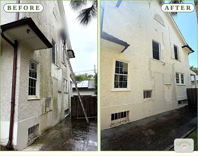 Before and after of a stucco house exterior: on the left, walls streaked with green algae and dark grime; on the right, the same walls washed back to clean cream stucco.