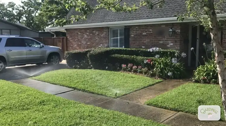 Sprinkler heads spraying across a front lawn and flower beds, with trimmed hedges and blooming agapanthus along a brick house.